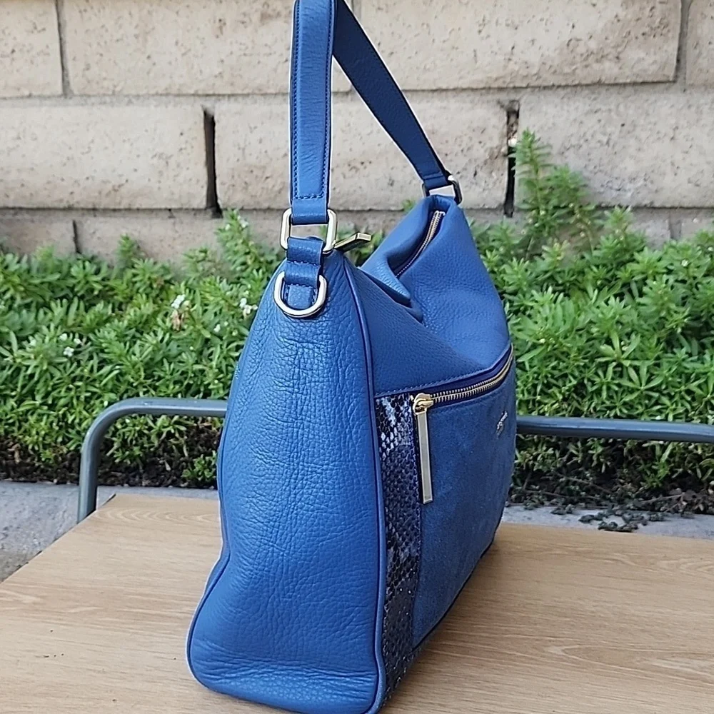 KATE SPADE blue Pebble Leather Suede Snakeskin detail top handle satchel bag